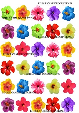 Lot de 30 décorations hawaïennes en papier comestible pour cupcakes et gâteaux Motif fleurs d'hibiscus