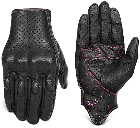 Superbike Women ’s Touchscreen Motorcycle Gloves Full Finger Black Leather Armored Ladies Motorbike Gloves (G01W-Black Leather with Rose Line, M)