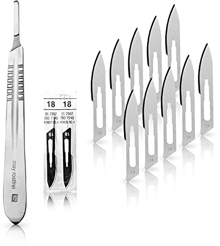 May Skalpell Set für Modellbau & 3D-Druck | Präzisionsmesser mit 10x scharfen Karbonstahl-Klingen (Fig. 18) & Edelstahl-Griff Nr. 4 | Bastelmesser für präzise Schnitte, Hobby & Handwerk | Zuverlässiges Werkzeug für DIY-Projekte. Inklusive ergonomischer Halterung.