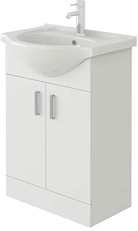 VeeBath Mars 550 Vanity Unit Furniture, Ceramic Wash Basin Sink, Floor Standing, Soft Close Doors Bathroom Storage Cabinet- White (Flat Pack)