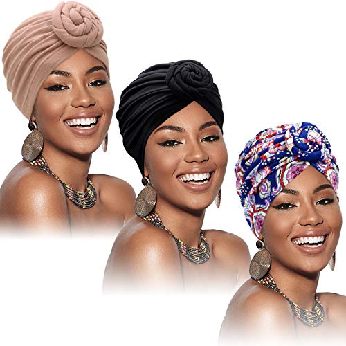3 Piezas Turbantes Africanos para Mujer Envoltura de Cabeza Gorro de Nudo Pre-Atado (Negro, Flor Azul, Caqui)