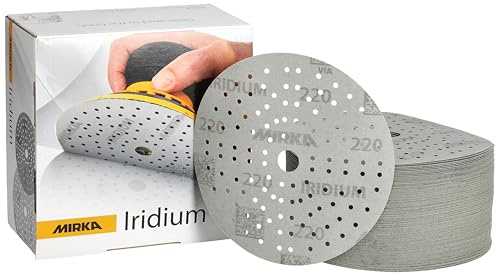 Mirka papel de lija Iridium Ø150mm cierre adhesivo 121 agujeros 220 | Papel de lija premium con cierre adhesivo 121 agujeros ideal para lacas masillas imprimaciones madera acero y plásticos