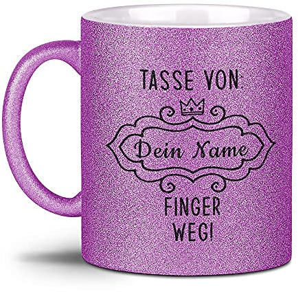 Glitzertasse - Tasse von XXX, Finger weg! - mit Name personalisieren - Geschenk für die Freundin, Frauen, Büro, Glitter - Hochwertige Keramik, 300 ml, Lila