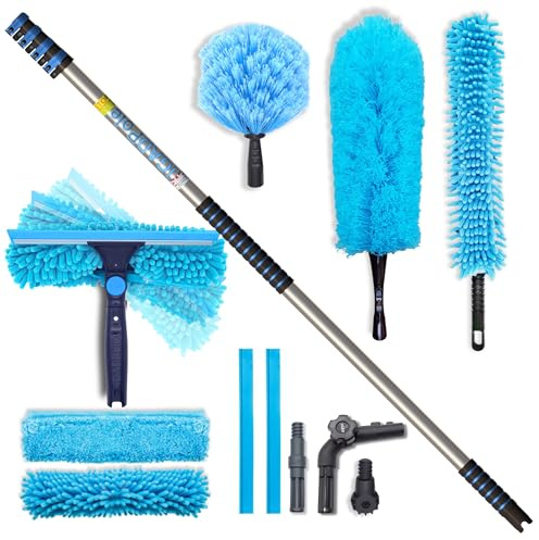 17ft IGADPole All-in-One Window Washing & Dusting Kit – Pivot Squeegee with 2 Washable Cloths, Cobweb Duster, Microfiber Feather Duster & Ceiling Fan Duster