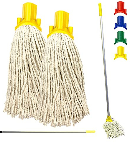 Colour Coded Floor Mop Set – 120cm Long Aluminium Mop Handle and Pack of 2 String Mop Heads Replacement for Domestic and Commercial Cleaning (Yellow)