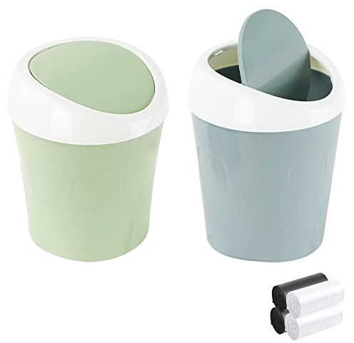QLFJ-FurDec 2PCS Plastic Mini Wastebasket Bathroom Bins with Swing Lid and 4 Rolls Bin Liners, Desk Compact Design Cosmetic Bin for Home, Office, Vanity Tabletop, Bedroom, 10.5x10.5x16.5cm(Green,Blue)