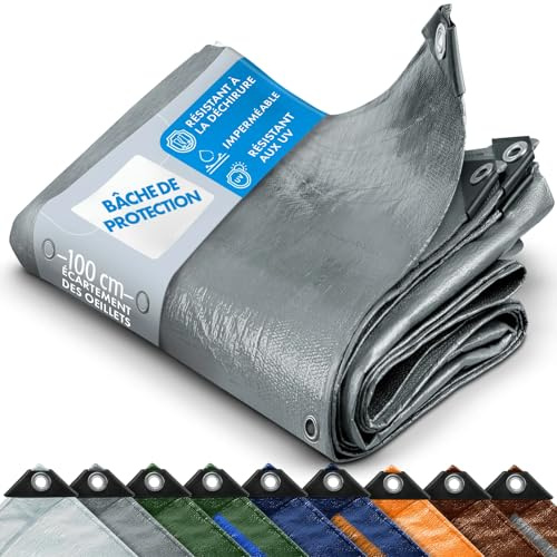 KARAT Bâche de Protection - Tarpaulin étanche, résistant à la déchirure - Bâche avec Oeillets Inoxydable - Couverture extérieure pour travaux - Epaisse densité 140 g/m², Argent 1,5x6 m