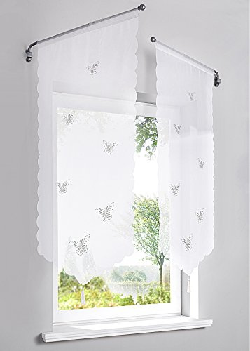 Devola Voile transparent Scheibengardinen mit Lasercut Schmetterlinge Muster mit Quaste Fenster Gardinen Panneaux mit Tunnelzug Gardine HxB 120x60cm Weiß 1er Pack