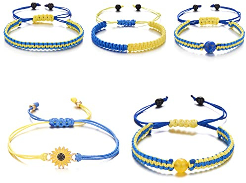 Luvadeyo 5-teilige verstellbare geflochtene Bracelets Set in Blau und Gelb - Handmade String Bracelet mit Frieden und Sonnenblume Design - Unisex, Braided