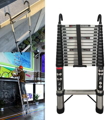 Échelle télescopique en acier inoxydable de 4,4 m avec 2 crochets, antidérapante, 14 échelons, facile à transporter, charge de 150 kg