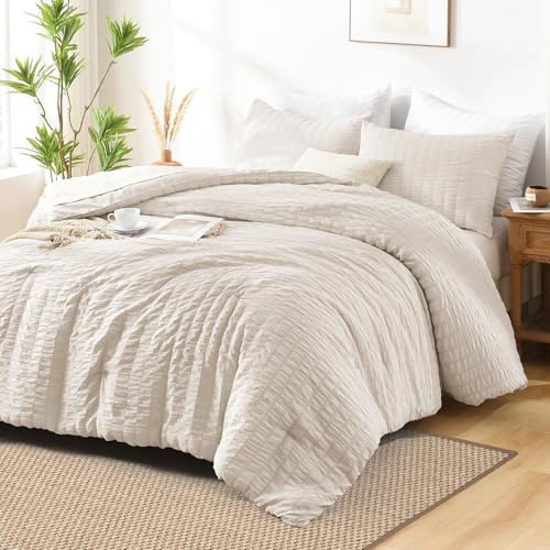AveLom Parure de lit 3 pièces en Seersucker Beige en Seersucker pour lit Double (203,2 x 228,6 cm), Couette légère en 100% Microfibre lavée Douce avec 2 taies d'oreiller pour Toutes Les Saisons