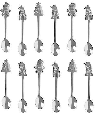 12 Pezzi Cucchiai di Natale, Mini cucchiaini da caffè natalizi, Cucchiai di Natale in acciaio inossidabile, Babbo Natale Regalo di Natale Albero di Natale Set di cucchiai di Natale (Argento)