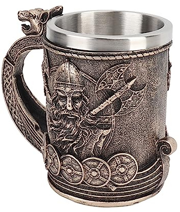 Okuyonic Taza Vikinga, Taza con Revestimiento de Acero Inoxidable, Resina Pintada a Mano, Vintage, Lavable a Mano para Café Decoración Cotidiana