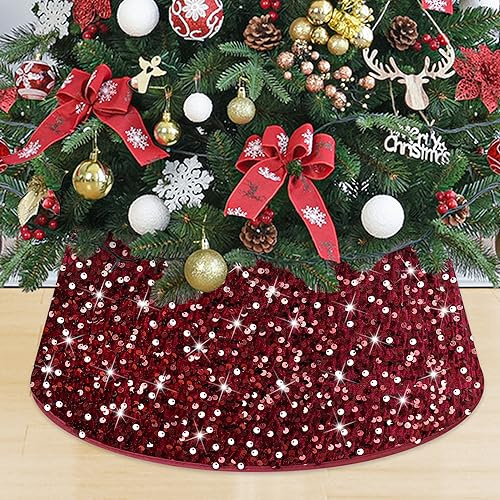 MODFUNS Weihnachtsbaumständer mit Pailletten, Weihnachtsbaumkragen, 61 cm, Burgunderrot, schimmernd, Samt, Baumständer, Abdeckung, funkelnder Baumrock, Weihnachtsdekoration, kastanienbraun,