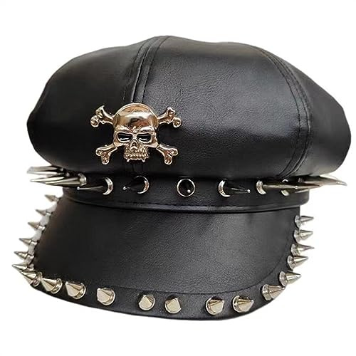 GDSCSKKS Herren- und Damen-Lederhüte mit schwarzen Metallnieten, Rock-Performance-Hüte, Halloween-Paardekorations-Totenkopfhüte (Color : Black B, Size : XS-54CM)