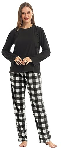 YUSHOW Schlafanzug Damen Lang Zweiteiliger Winter Pyjama Lange Oberteile Microfleece Karierte Pyjamahose Hausanzug Kuschelig Frauen Weihnachts Lounge Set