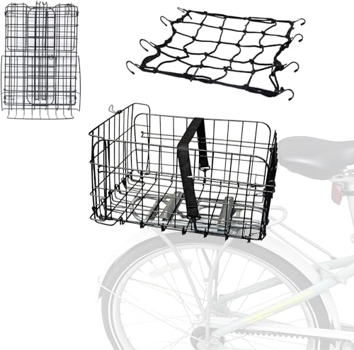 MEGHNA Cesta trasera para bicicleta con red para equipaje, cesta trasera de metal plegable