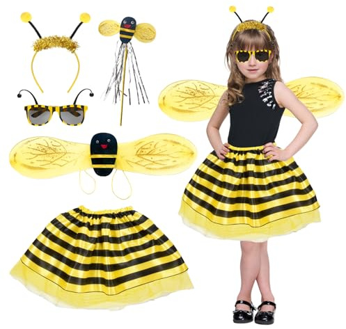 OCBIE Deguisement Abeille Enfant Fille: 5 Pièces Abeille Tutu Ensemble avec Ailes Bandeau Jupe à Rayures Baguette Lunettes pour Halloween Carnaval Cosplay Costume (Abeille)