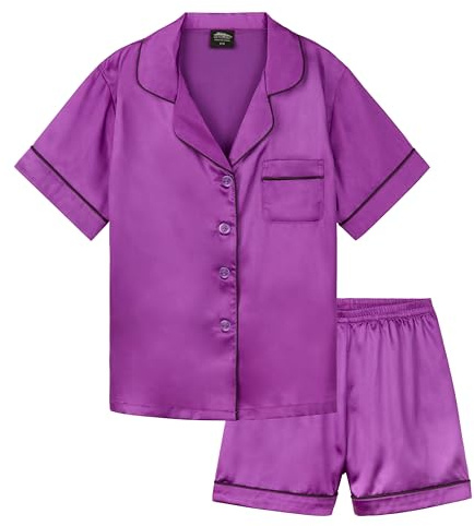 CityComfort Pyjamasset för flickor, kort modell, sidenpyjamas, med knappslå, 2-delat set, present till flickor, Lila, 15-16 År