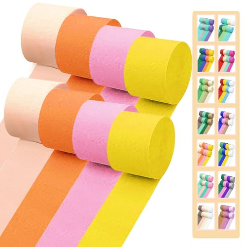 Crepe Paper Streamers 656ft 8 Rolls, Pack of Orange, Pink, Yellow and Blush Party Streamers for Birthday Wedding Baby Bridal Shower Decorations Christmas Craft Supplies (1.8 Inch x 82 Ft/Roll)
