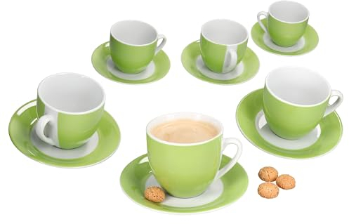 MamboCat Variant Lot de 6 tasses à café vertes avec soucoupes pour 6 personnes I Service en porcelaine colorée pour le petit déjeuner et le café I 6 tasses à thé de 200 ml et soucoupes I Vaisselle