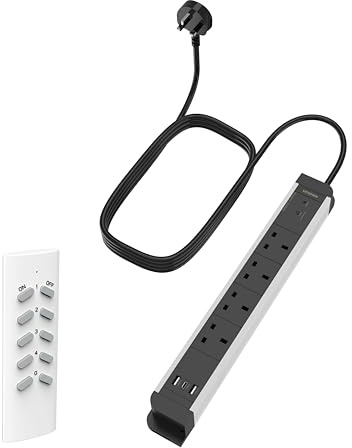 Ucomen 4 Way RF Extension Lead with 3 USB Slot, Remote Control 5 Gang Multi Plug Extension, 1.8 M Cable, 13A/3120W, Black