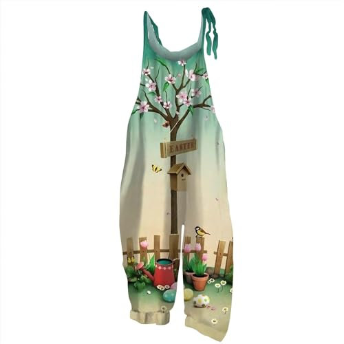 Azruma 90Er Jahre Outfit, Festliches Outfit Damen Schutzanzug Einweg Frauen Sommer Leinen Drucken Ärmellose Jumpsuit Mit Taschen Chiffon Hosenanzug Anzug Damen Business(4-Dark Green,S)