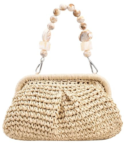 Pesoncarl Raffia Bag, Woven Straw Purse, Casual Straw Clutch with Beaded Handle, Stylish Summer Purse for Beach Holiday Travel, Beige