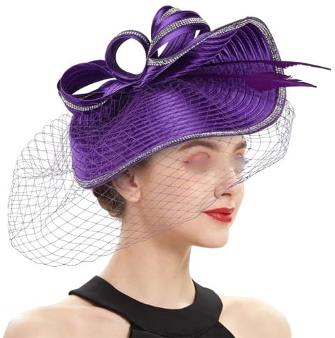 Yeuyyben Fascinator für Damen, für Bankett, Hochzeit, Tanz, Party, Feder-Kopfbedeckung, 4-lila, Einheitsgröße