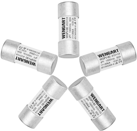 Wengart Fusible Cilíndrico de CC 60A 1500V, Tamaño 22x58mm, Clase gPV para Protección Fotovoltaica de Alta Tensión, Capacidad de Ruptura 50kA, Especial para Inversores y Cadenas de Paneles, WGPV-80