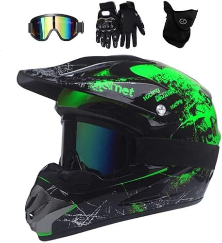 Set di Casco Motocross per Adulti, Con Guanti Occhiali Maschera, Casco Integrale per Gioventù Bambini MTB Fuoristrada, Casco da Go Kart, Casco da Corsa ATV MX Downhill Quad Dirt Bike Enduro(Color:Gree