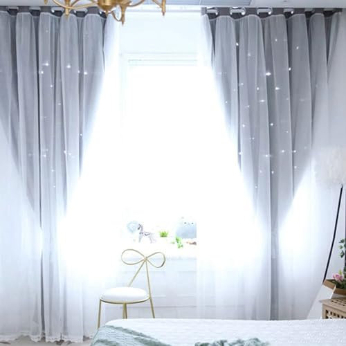 Beydodo Verdunklungsvorhänge 2er Set, Blickdichte Vorhänge Gardinen Ösen Doppellagig mit Sternen und Voile 137x214CM Grau Gardinen Polyester Kinderzimmer Wohnzimmer Schlafzimmer