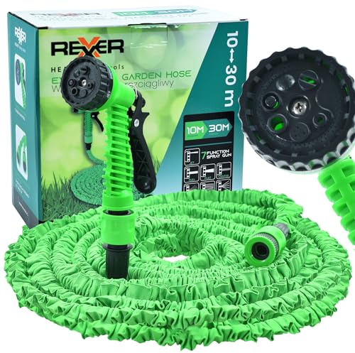 REXXER Dehnbarer Gartenschlauch 10-30 m - Flexibler Wasserschlauch mit 7 Sprühfunktionen - Gartenschlauch flexibel - Inkl. Adapter 1/2 & 3/4