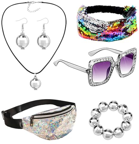 Pzuryhg 70er Jahre Disco Stirnband Discokugel Armband Ohrringe Hüfttasche | Discokugel Ohrringe Halskette Armbänder | /Set Discokugel Ohrringe Halskette Armbänder für Mädchen, Refer to,