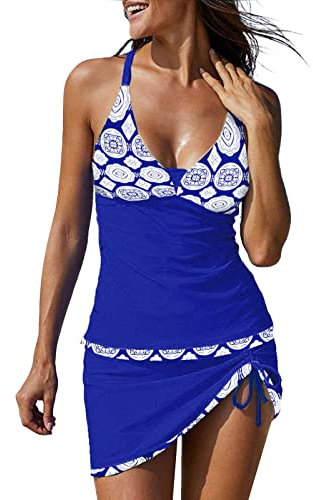 Generisch Tankini-Badeanzüge mit Rock 2-teilige Badebekleidung Farbblock-Badeanzüge für Frauen Analoge Watch (Blue, XL)