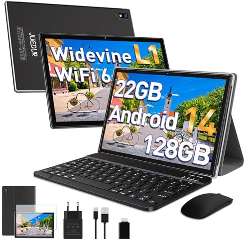 Tablette Android 14, tablette tactile, Tablette 10 Pouces, 22Go RAM 128Go ROM (1TB TF), Widevine L1|8000mAh|Octa-Core|2.0Ghz|5G WiFi 6|8MP+5MP|BT 5.0|Tablette avec Clavier, Etui et Souris, Noir