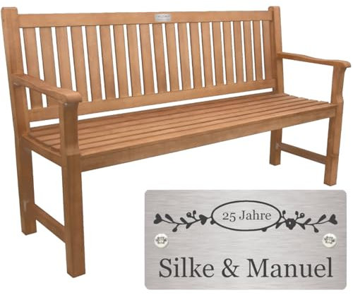 Sterngraf Bank zur Silberhochzeit mit Gravur-Schild zB. Ranken (Namen/Datum), Holz Gartenbank 150cm, 3-Sitzer Armlehnen-Bank, Edelstahlschild personalisiert Geschenk 25. Hochzeitstag