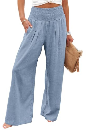 KISSMODA Ladies Classic Palazzo Trousers Elastic High Waist Pants Loose Fit Wide Legged Long Lounge Trouser A-Blue