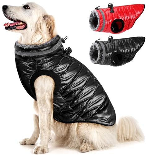 Eyein Wasserdichter Hundemantel mit Geschirr, Fleece Rollkragen Warme Hundewinterjacke mit doppeltem Reißverschluss, reflektierende Hundeschneejacke für kleine mittlere große Hunde, Schwarz, XL