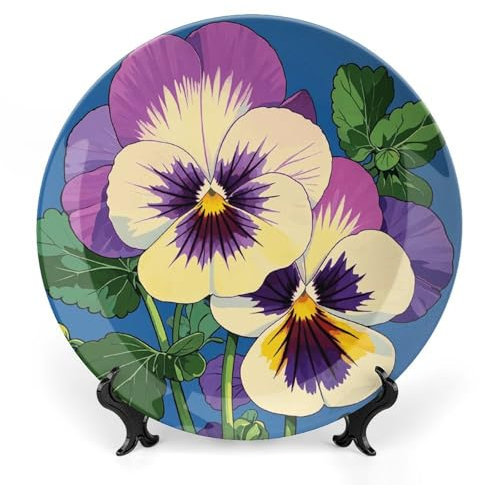 VFKLT Stiefmütterchen Perfektion Druck gedruckt Muster Keramikteller Speiseteller Knochenporzellan dekorative Teller mit Präsentationsständer Kunst Keramik Ornamente für Wandbehang Dekoration 15,2 cm