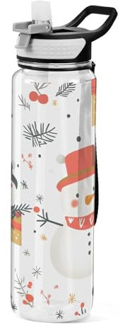 Mnsruu Schneemann-Geschenk Wasserflasche mit Strohhalm, 1 Liter, Sportflasche, Tritan, BPA-frei, klare Trinkflasche für Erwachsene, Outdoor, Schule, Fitnessstudio, Reisen