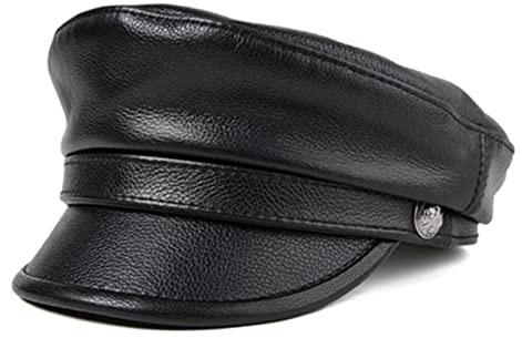Lederkappe Wohnungspitze der Männer echter Leder-Biker-Kappe mit Kette, schwarzes Leder(Svart,55-56cm)