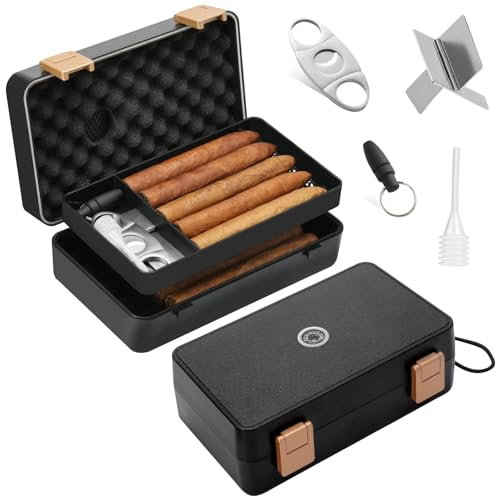 DISHENGZHEN Humidor de cigarros, Caja de cigarros humidificador de Viaje de Doble Capa con higrómetro y humidificador, Kit de Caja de cigarros portátil con Cedro español, Cortador de cigarros