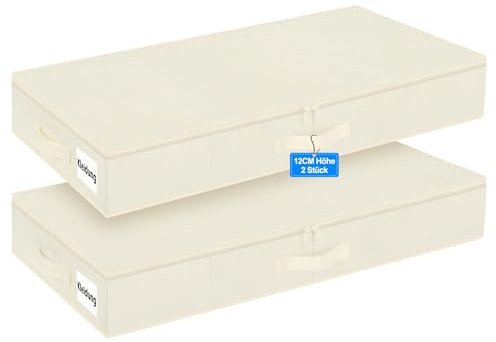 Unterbettboxen mit Deckel, 40L, 12 cm hoch, formstabil, 2er-Set, Beige | 3 Verstärkte Griffe, Doppelreißverschluss, Faltbar, Wasserdicht, für Kleidung und Bettwäsche, unter Betten und Sofas