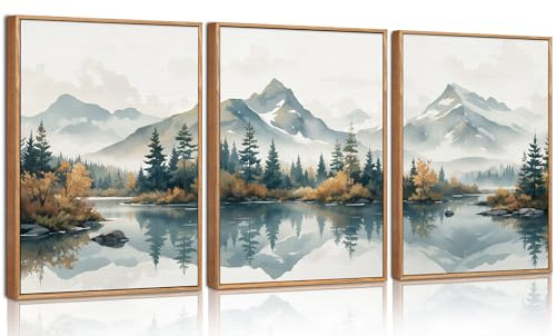 HPNIUB 3 Stück Blau Nebelwald Kiefer See Leinwandbild Wohnzimmer 30x40cm