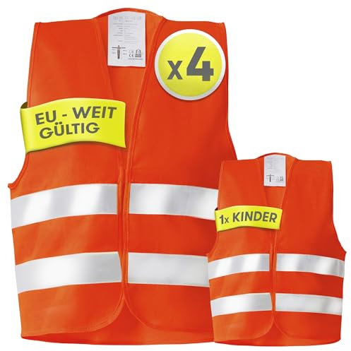 PURAHELP Warnwesten Auto 5er 4+1 Set Europaweit gültig nach EN ISO 20471 - Reflektierende Warnweste Auto inkl. Kinderweste - Sicherheitsweste Auto Warnweste Orange - Warnschutzweste Sicherheitswesten