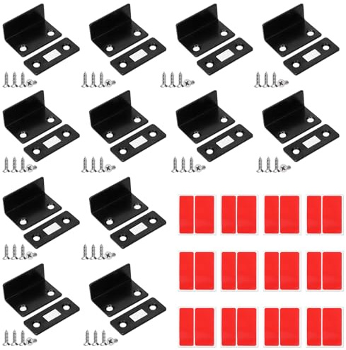 Swpeet 12-pack svart L-format skåp i rostfritt stål, magnetisk fångst, sortimentsats, ultratunt skåp, magnetisk fångst, självhäftande skåpdörrmagneter för dörr, skåp, stängning, garderob, dörrstängare