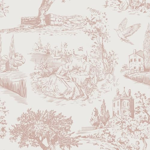 FunStick Papier Peint Vintage Fleuri Cuisine Pastel Gris Rose Papier Peint Adhesif Mural Floral et Feuilles Arbres Style Jardin Champêtre Villageois Rouleau Adhesif Decoratif Mural Salon 44.5CMx3M