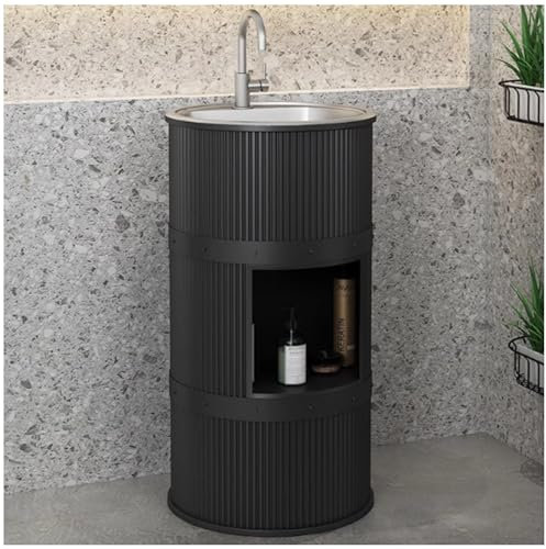 RDIAYDN Waschbecken Mit Wasserhahn, Handgeschnitztes SäUlenwaschbecken Im Industriestil, Puderraumwaschbecken, Standwaschbecken, FüR Drinnen Und DraußEn,Schwarz