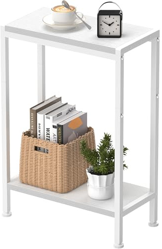 Schmaler Beistelltisch, Nachttisch, 2 Ablagen Nachttisch Schmal mit Stauraum, sofa beistelltisch für schmale Räume, Kleiner Tisch, für Wohnzimmer, Schlafzimmer, Küche & Balkon, Arbeitszimmer (Weiß)
